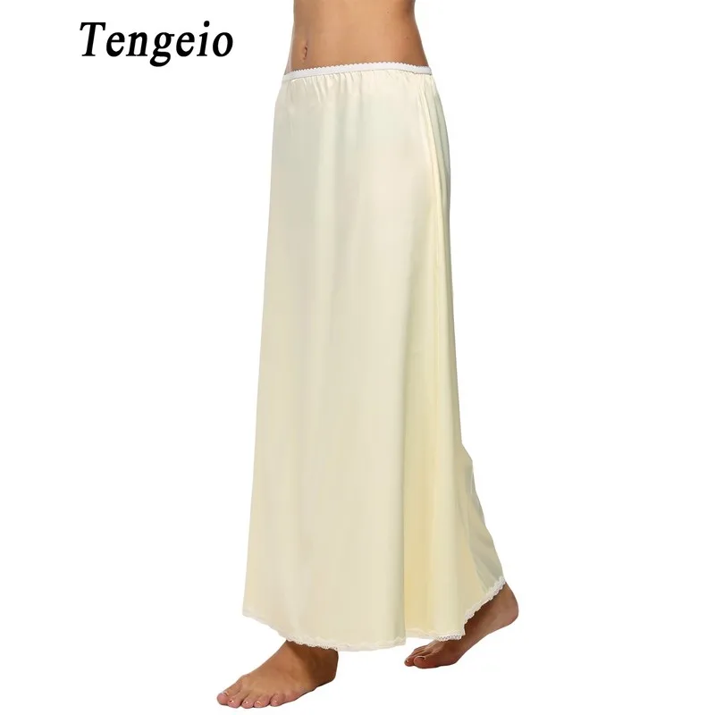 Tengeio Women Petticoat Underskirts Satin Trim Maxi Lace Long Black Half Slip Underskirt Skirt Slips Jupon Dentelle Femme 610