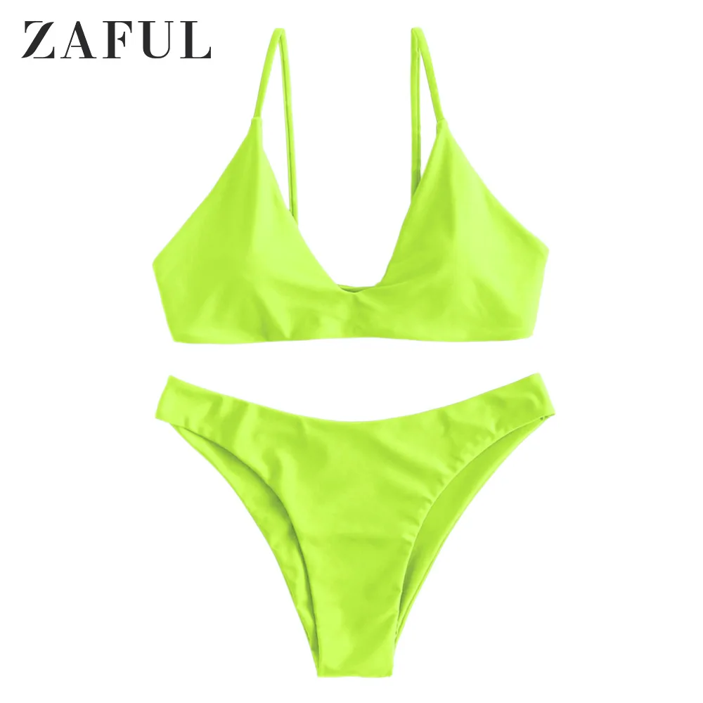 ZAFUL, спортивный комплект бикини с бантиком спереди, с глубоким вырезом сзади, зеленый, пуш-ап, простой купальник с накладкой на грудь,, летний женский сексуальный комплект бикини - Цвет: Green Yellow