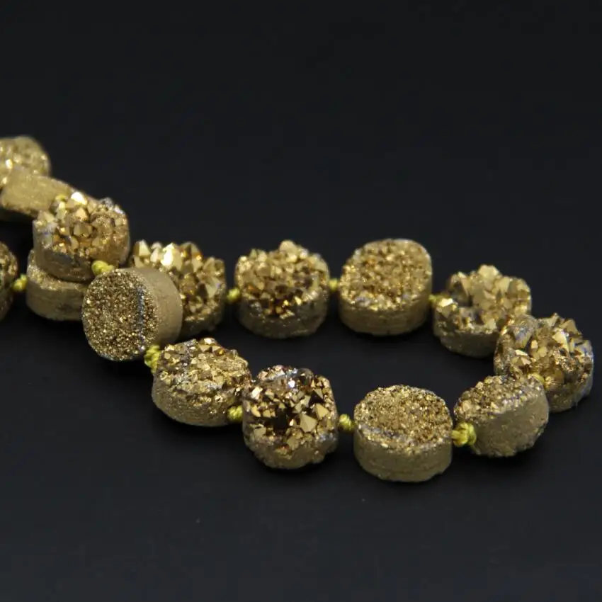 16PCS/strand Titanium Gold Raw Quartz Geode Drusy Flat Round Cabochon Beads,Roug Agates Crystal Druzy Coin Slab Nugget Pendant