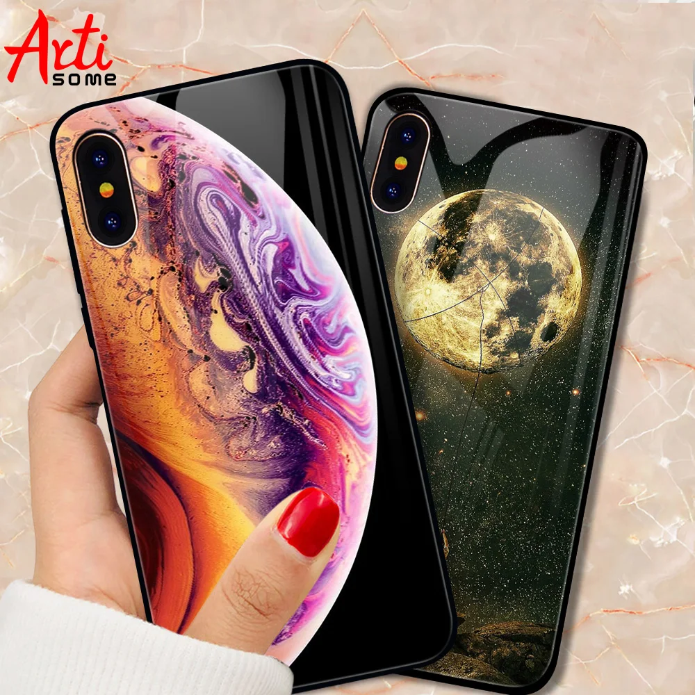 Beste Artisome Ster Ruimte Gehard Glas Case Voor iPhone X XS MAX 7 8 6 6 s Zachte Rand Skin Cover slim Case Voor iPhone 7 6 s Plus
