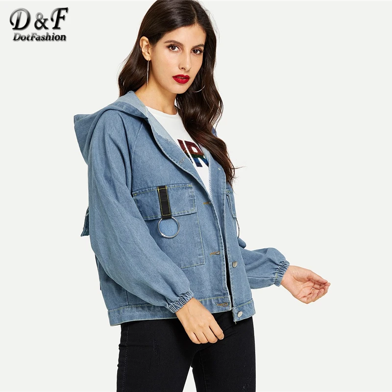 

Dotfashion Blue Embroidered Letter Denim Jacket Women Coats And Jackets Casual Clothes Autumn 2019 Clothing Hooded Outerwear
