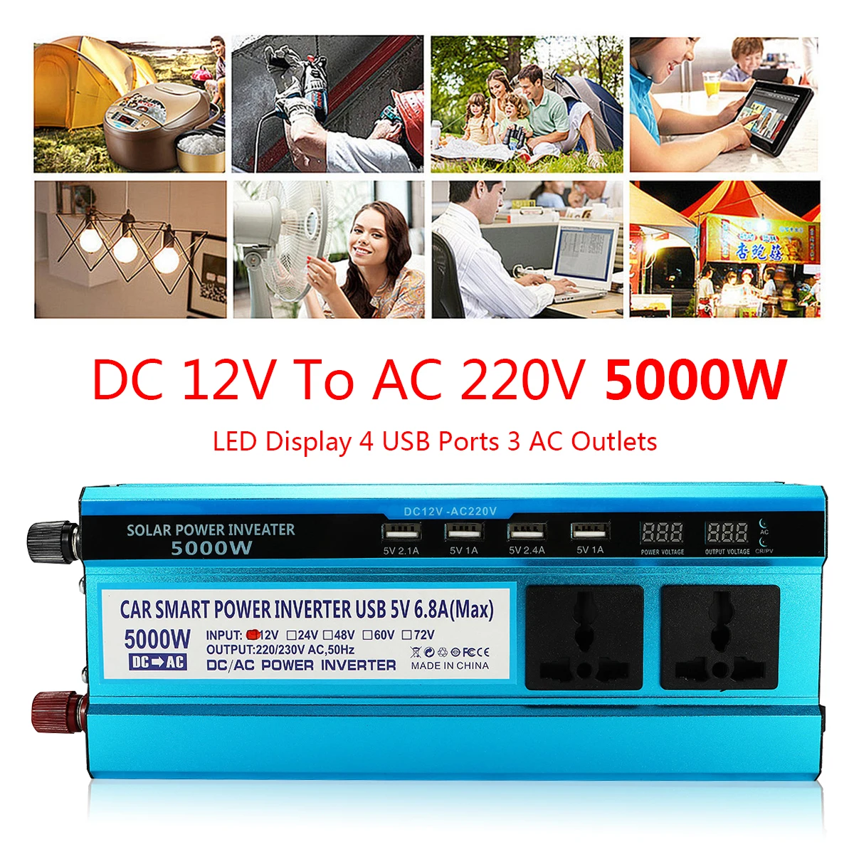 

Voltage Transformer 12V/24V DC to 220VAC 5000W Peaks Solar Power Inverter Dual LED Screens Modified Sine Wave Converter Protect