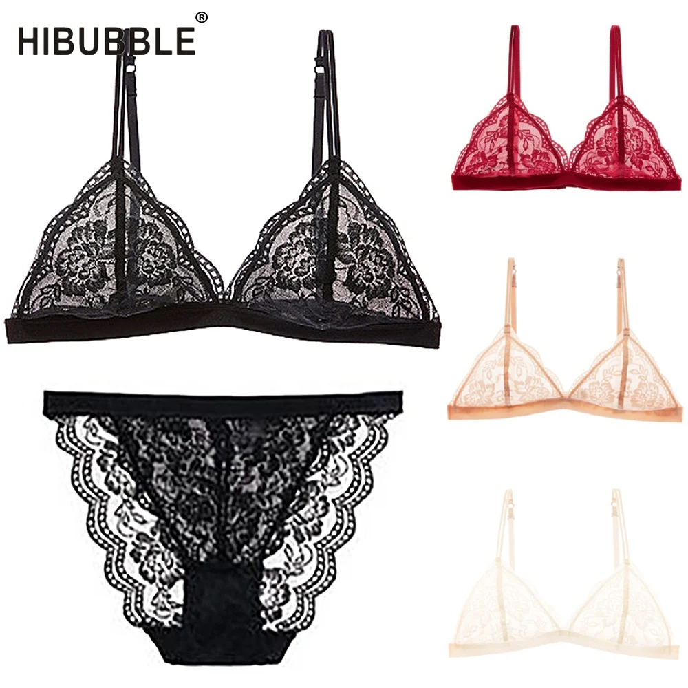 

HIBUBBLE Sexy Lace Push Up Bra Set Wireless Thin Bralette Panties Set Soft Underwear Women Transparent Sexy Lingerie Bra Briefs