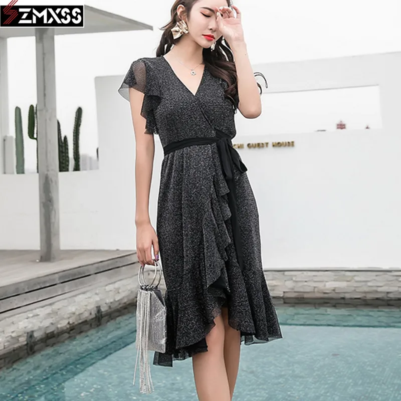 Summer Women 2018 Asymmetrical Dress Grey Sleeveless V neck Ruffles