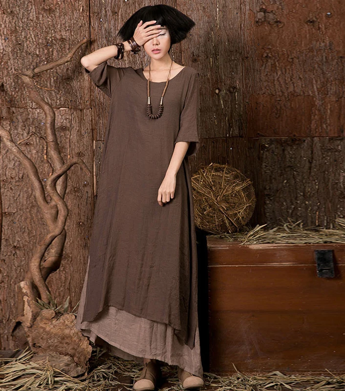 Woman Cotton Linen China Solid Big Yards Loose Comfortable Irregular Hem Fake Double 2 Pieces Dresses Half Sleeves Female Dress | Женская