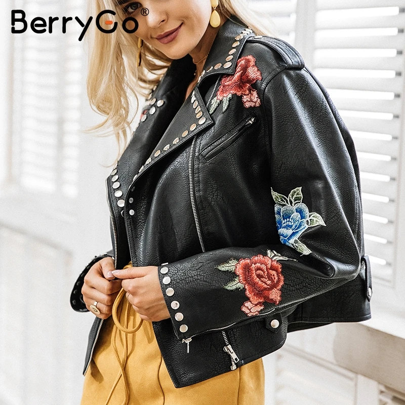 BerryGo Floral PU leather appliques rivet women basic jackets Streetwear black zipper outerwear femme Autumn faux leather coats