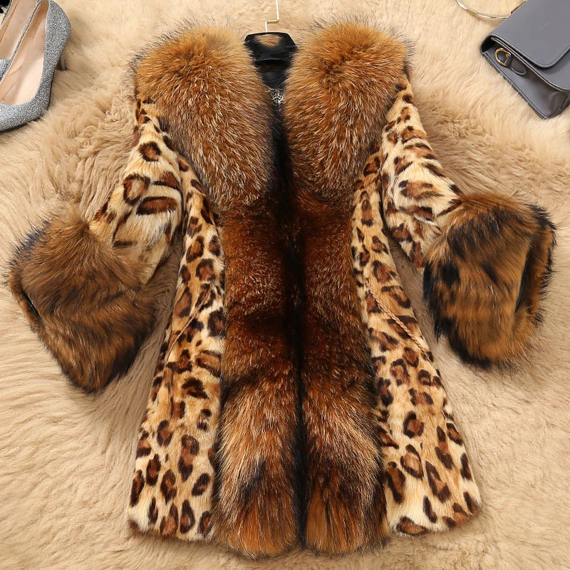 Leopard Print Sexy Natural Fox Fur Coats Outerwear Women Whole Skin Fur Overcoat Fur Jackets With Real Raccoon Dog Fur Collar