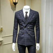 XM GEEKI мужской свадебный костюм куртки европейский и американский темно-синий плед двубортные костюмы мужской костюм британский стиль 365wt40