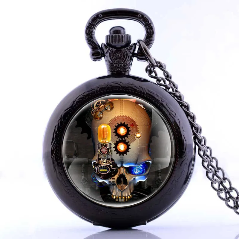 Ретро римские цифры стимпанк Роскошный Золотой Скелет Механические карманные часы ручной обмотки брелок цепь мужские и женские часы подарки - Цвет: Black 35 mm