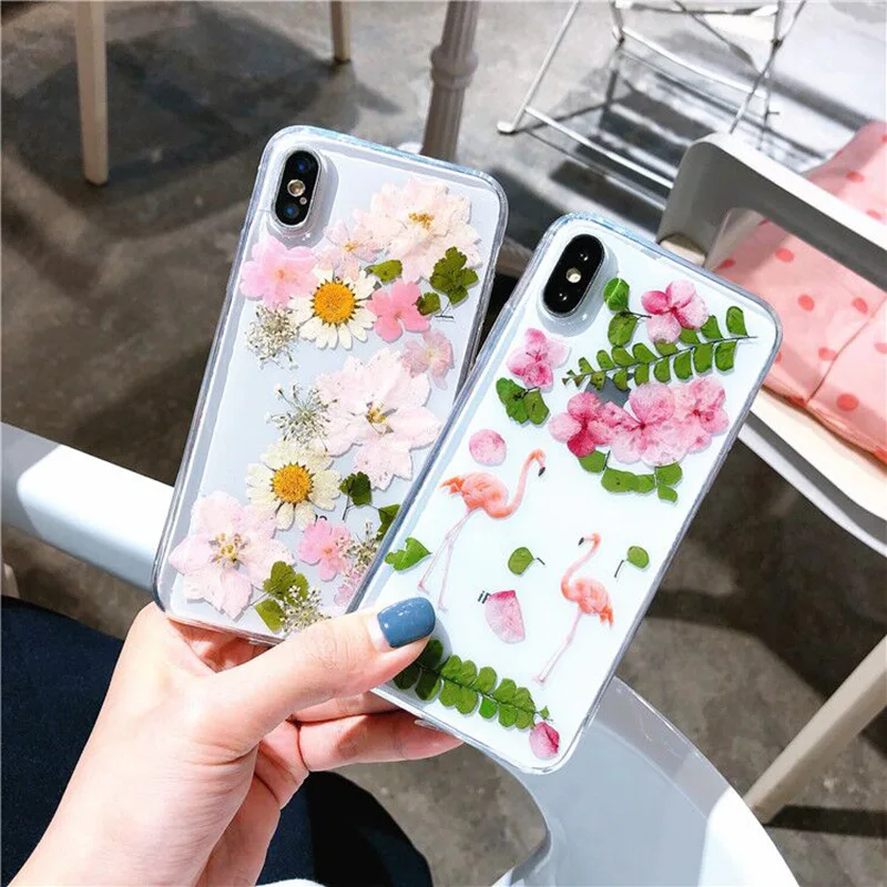 

Real dried flowers natural beauty handcraft phone soft case for iPhone 6 s 7 8 plus X S MAX R protective screen phone cover