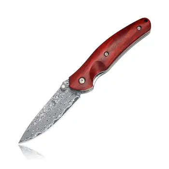 

KUBEY DM058 Folding Knife, Damascus Pattern Steel and Wooden Handle, EDC Tactical Hunting Camping Retro Pocket Knives