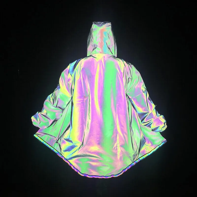 

Hip hop colorful reflective men long trench coat long sleeve streetwear hooded cloak clothing jacket windbreaker cardigan