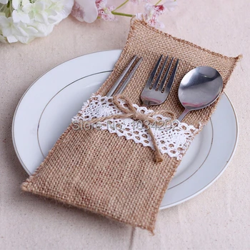 

Wholesale Jute lace wedding tableware packaging fork spoon knife packing decor Cutlery Pocket Burlap Free Shipping