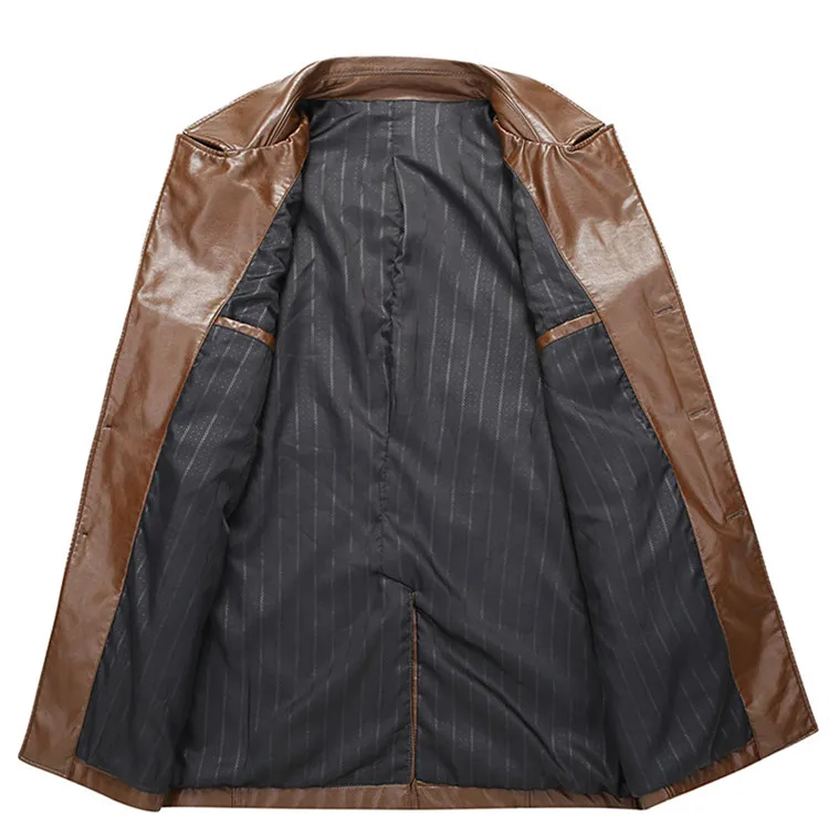 Осень и зима новая Длинная кожаная куртка модная однобортная деловая повседневная мужская брендовая кожаная куртка с отворотом черного цвета
