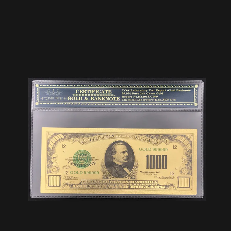 

Best Products For America 24K Gold Foil Fake Paper Money US 1000 Dollars Banknotes With Plastic Frame For Collection