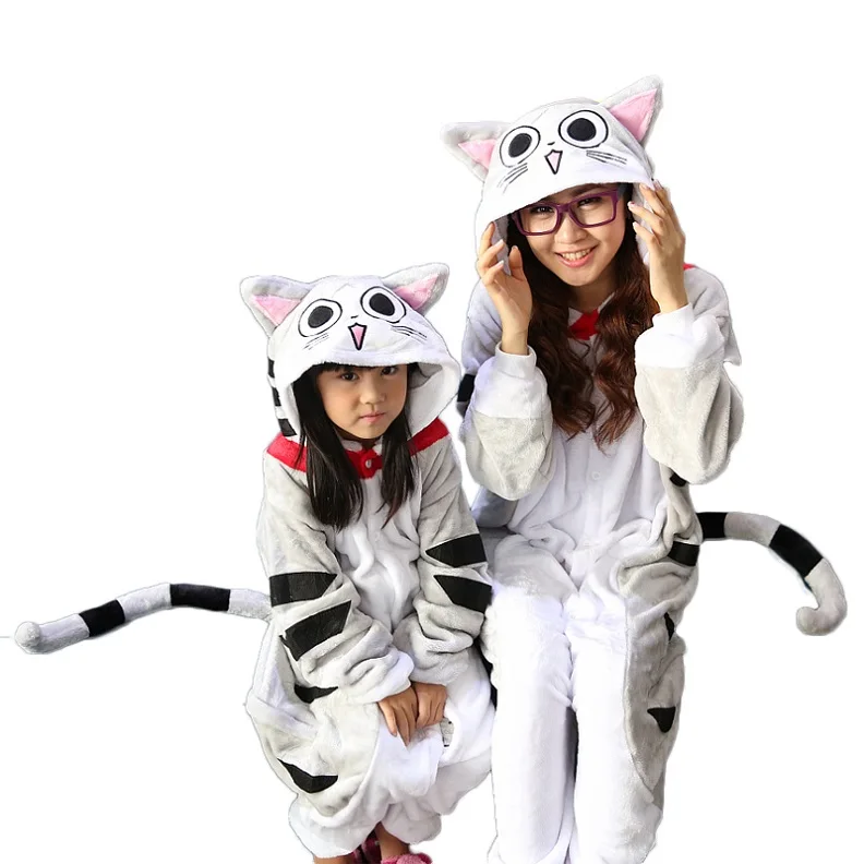 Зимняя Фланель Семья мама и дети женский единорог панда животных пижамы цельный девочка мальчик пижамы женщина с капюшоном домашней одежды мама дочка семейная одежда - Цвет: Cheese cat