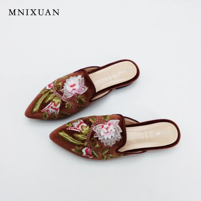 

Sandals for women high quality handmade flock flower mules shoes 2017 new summer genuine leather flats lady slippers big size 10
