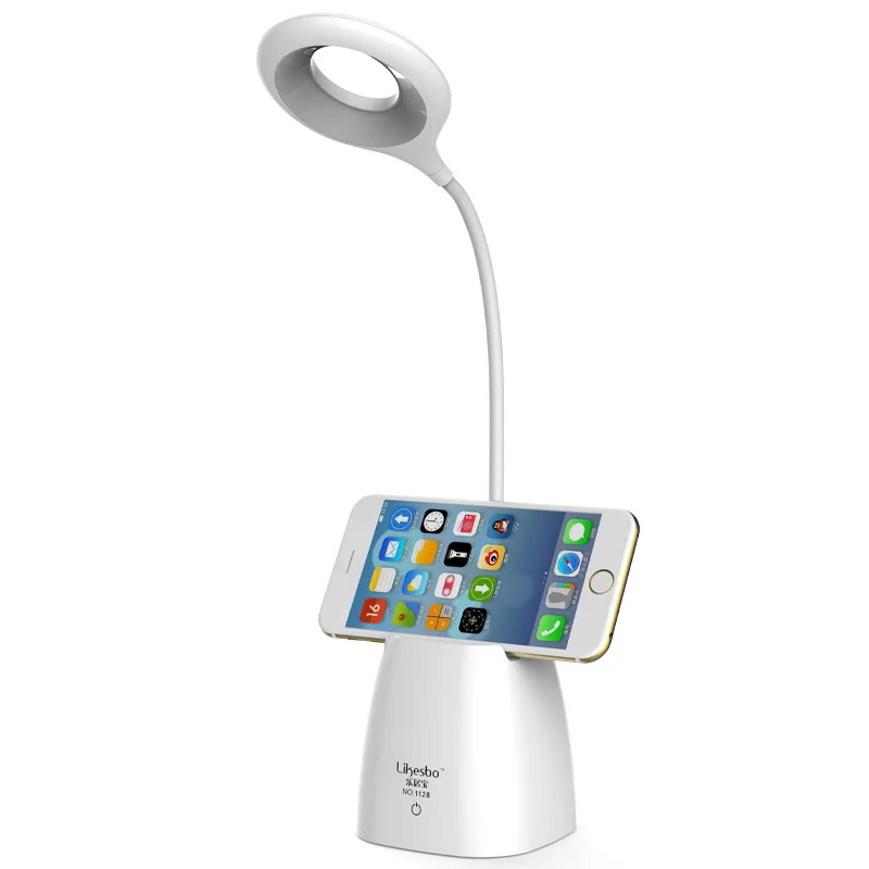 Usb LED Rechargeable Touch Reading Desk Lamp with Pen Holder Eye Protection Bedside White Table
