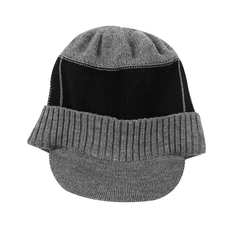 Warm Winter Men Hat Knit Cable Visor Male Beanie Fleece Lining Patchwork Beanie Stripe Newsboy Cap Outdoor Sport Adult Hat  (30)