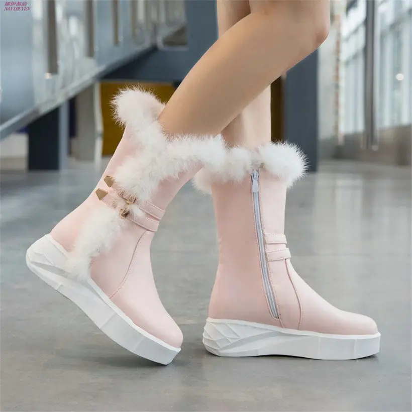 

NAYIDUYUN 2018 Snow Boots Women Shoes Rabbit Fur High Heel Riding Mid-Calf Boots Winter Warm Wedge Platform Punk Oxfords Shoes