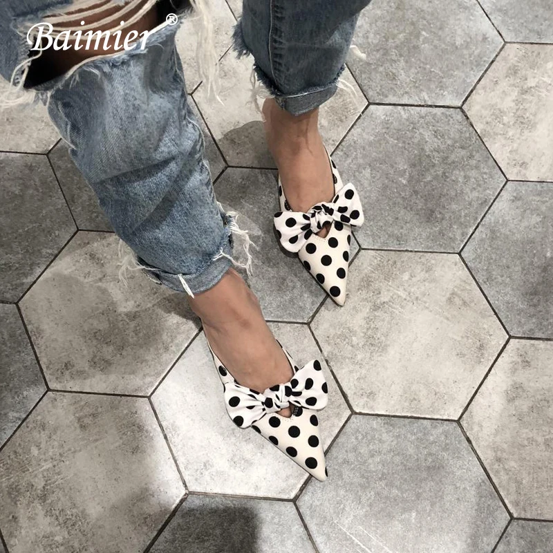 

Baimier Polka Dot Women Pumps Kitten Heel Women Sandals Fashion Bow Tie Women Mules Casual Pointed Toe Slip On Women Slippers