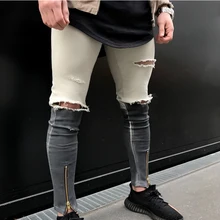 ankle zipper design Hi-Street Mens Black Ripped Jeans Men Fashion Male Distressed Skinny Jeans Destroyed Denim Jeans Trousers