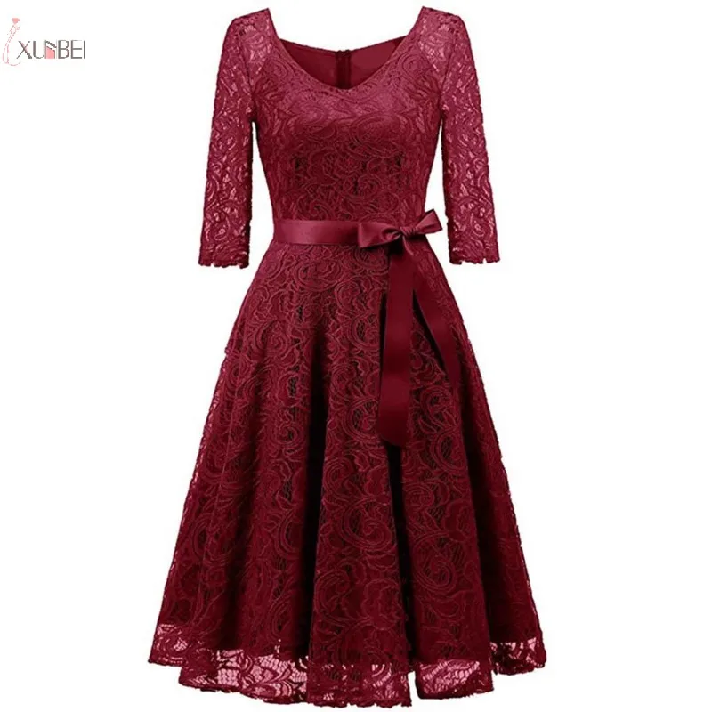 

2019 Elegant Burgundy Lace Short Evening Dress V Neck Half Sleeve A line Evening Gown robe de soiree