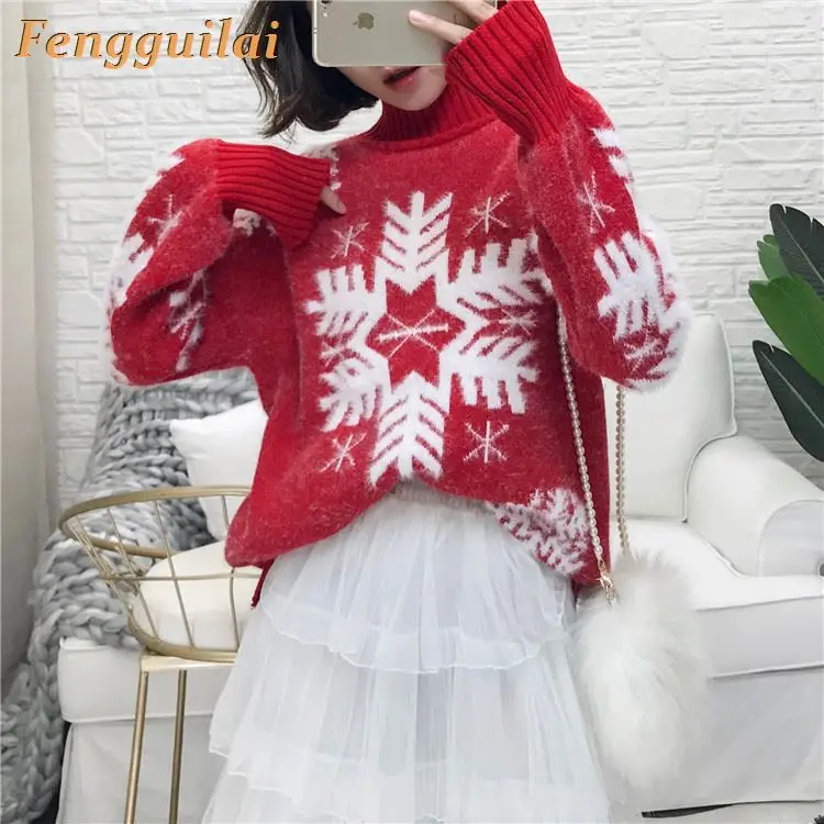 

FENGGUILAI Autumn Winter New Cashmere Snowflake Sweater Women's High Collar Loose Pullover Lazy Wind Sweater Large Size Was Thi