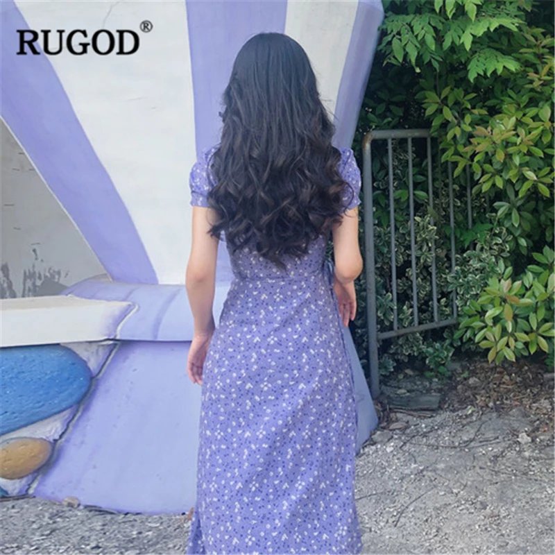 RUGOD/ Новое Женское фиолетовое Лавандовое Цветочное платье с v-образным вырезом и короткими рукавами, туника, цельнокроеное платье, нежные, романтические, французские платья