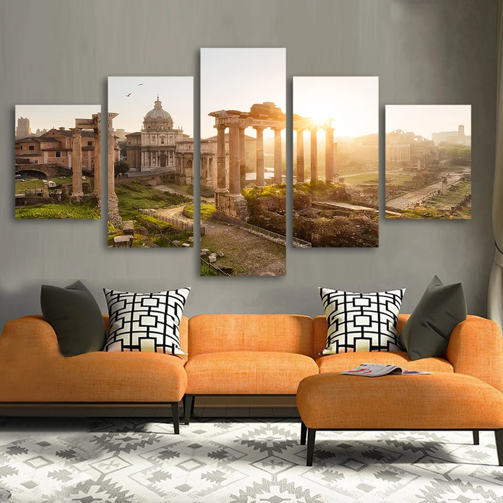 

QKART 5 Panels Landscape Painting Canvas Art Wall Pictures for Living Room Home Decor No Frame Italy Ruins