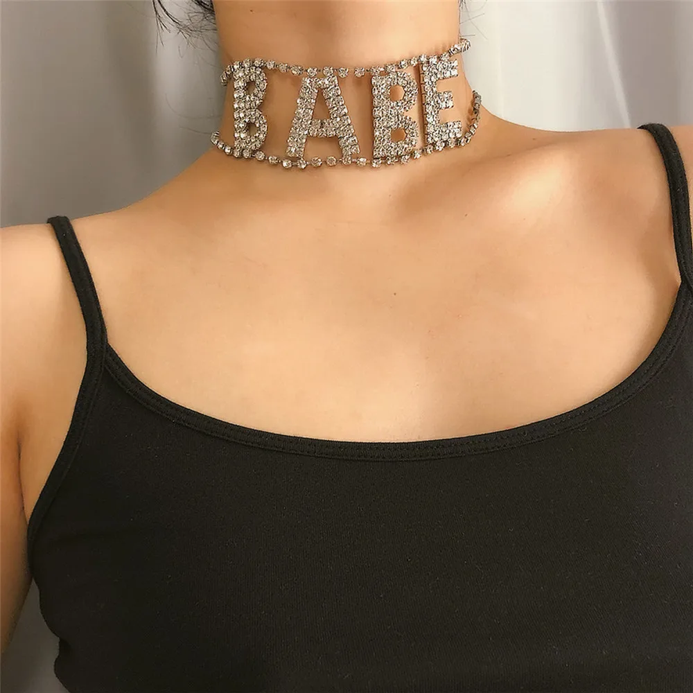 

Newest fashion jewelry Necklaces Crystal English alphabet BABE chain Pendant Long Necklace For Woman Party Fashion Jewelry