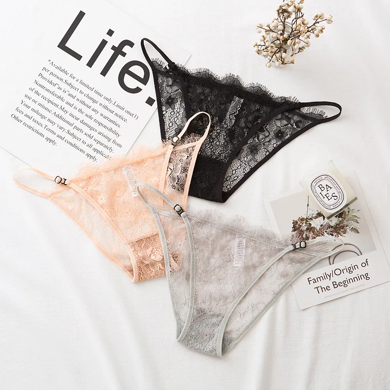 

2019 Autumn Woman Sexy Panties Comfortable Briefs Solid Color Sexy Lace Adjustable Low-waist Girl Underwear Transparent Panties