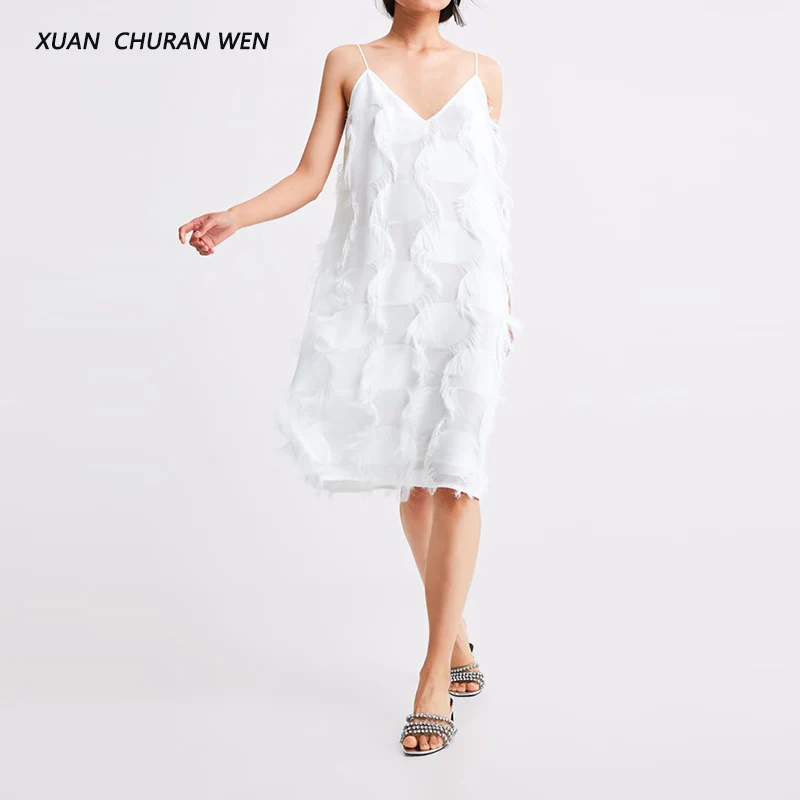 

Ladies Summer V neck Tassel Camis Dress Slim Straight Spaghetti Strap Knee Length Elegan Backless Dress Womans XB9355