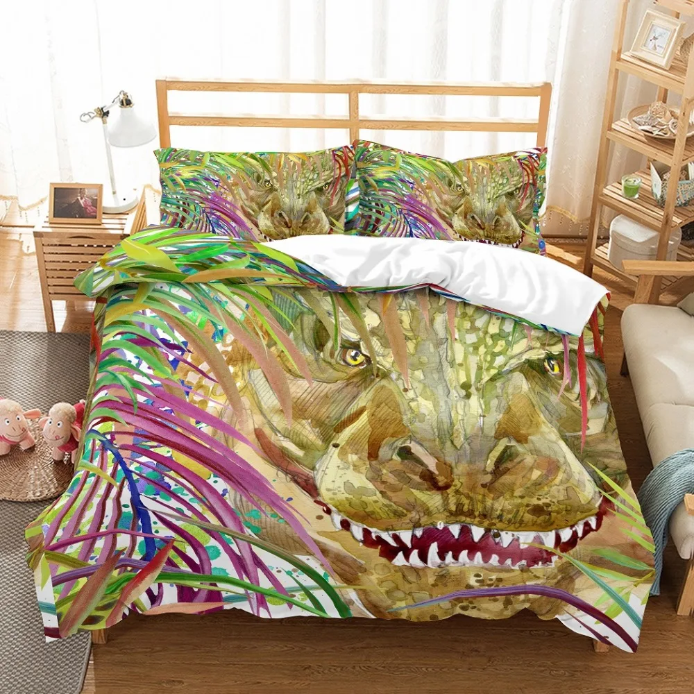 

Dinsaur in Purple/Green Plants Watercolored Bedding Set 3 Pieces Duvet Cover Set with 2 Pillowcase