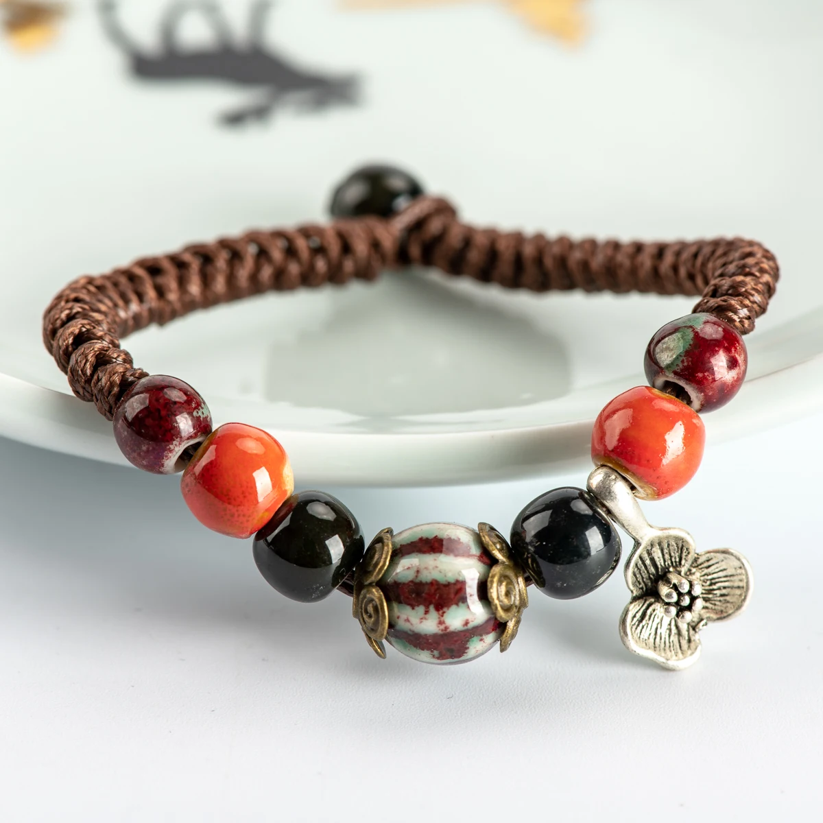 Фарфоровые веревочные браслеты богемная накидка Этническая бижутерия из керамики для дам оптом# HY561 - Окраска металла: HY565