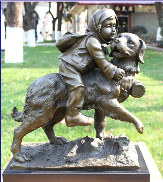 

16" Art Decoration Sculpture China Bronze Copper Marble Child Kid Girl Dog Statue