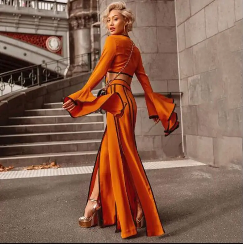 

Women fashion set 2019 new sexy two-piece flared sleeve shirt Split trousers suit solid color leakage belly youth size party