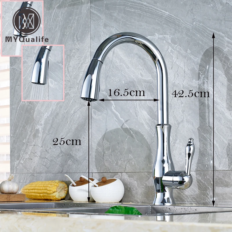 

Polished Chrome Single Lever Kitchen Sink Taps Pull Out Two Sprayer Nozzle Rotation Kitchen Faucet