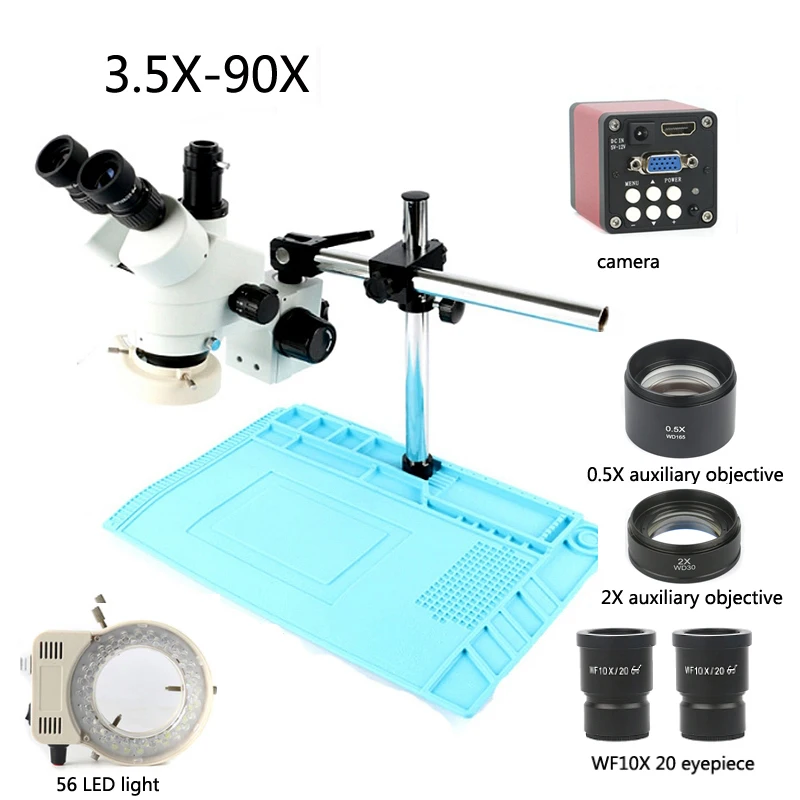 

Simul-focal trinocular microscope stereo 3.5X-90X zoom + 144 LED+14MP 720P VGA HDMI camera + 0.5X-2X lens