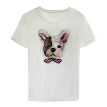 Новая летняя с короткими рукавами вышивка пайетками собака Базовые Футболки с О-образным вырезом уличная Женская хлопковая Повседневное белая рубашка