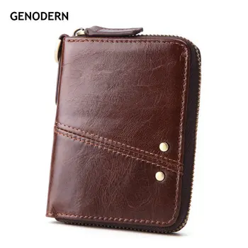 

GENODERN Vintage Genuine Leather Men Wallets Short Zipper Wallet for Men Retro Funtional Male Purses with Card Coin Holder