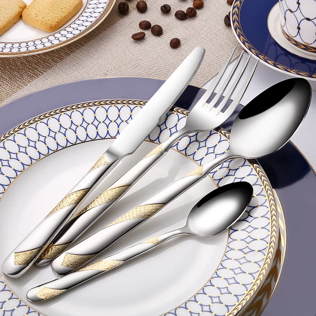 24pcs Stainless Steel Gold Plated Cutlery Set Dinnerware Tableware 24pcs Stainless Steel Gold Plated Cutlery Set Dinnerware Tableware Silverware Dishwasher Safe Dinner Fork Knife Drop