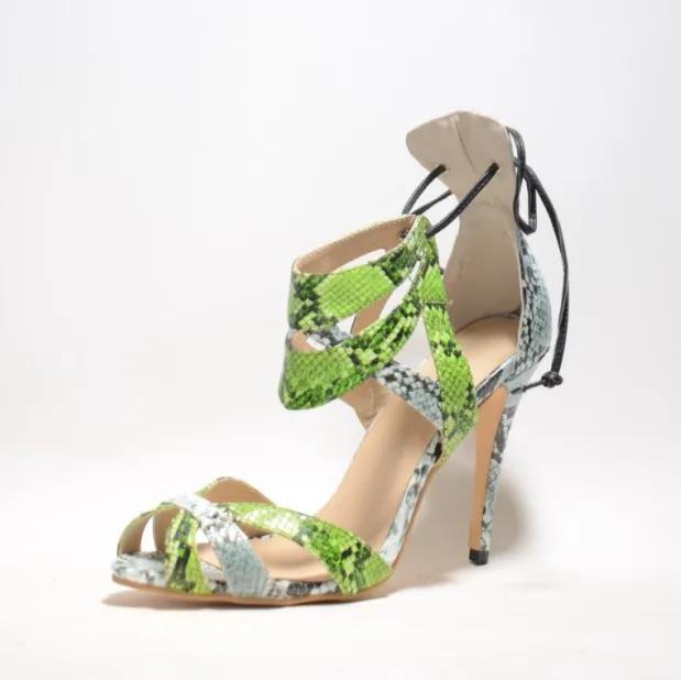 

Real Image Mixed Color Snake Skin Thin High Heels Woman Sandals 2015 Custom Ankle-Strap Lace-Up Big Size Summer Style Shoes