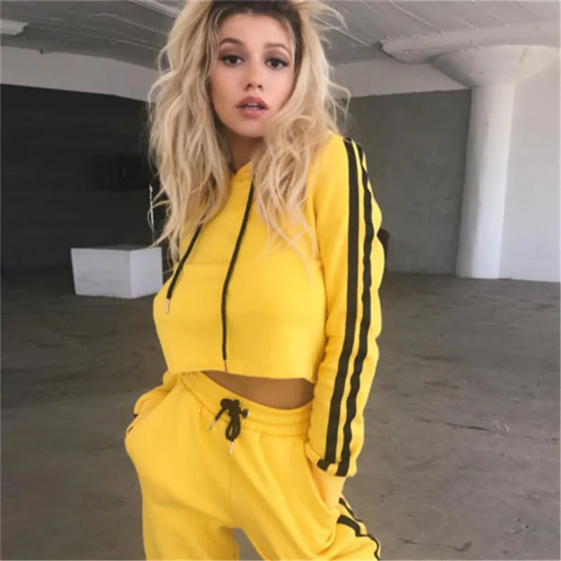 

2019 Autumn Womens Solid Long Sleeve Sport Hoodies Sweatshirt Crop Tops Pants Set 2Pcs Tracksuit Sweat Suit