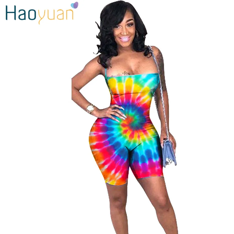 HAOYUAN نقطة الملونة التعادل صبغ مثير Playsuits عارية الذراعين ضمادة ارتداءها الصيف وزرة Bodycon ثوب فضفاض للمرأة بذلة السراويل HAOYUAN نقطة الملونة التعادل صبغ مثير Playsuits عارية الذراعين ضمادة ارتداءها الصيف وزرة Bodycon ثوب فضفاض للمرأة بذلة السراويل