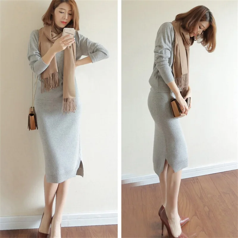

Spirng Auntmun Female Dresses knitted Suit New Women's Cashmere sweaters and Knitting Package Hip Skirts 2 Piece Sets