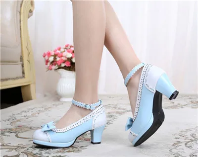 Красивая обувь Mary Jane в японском стиле для девочек; обувь Лолиты, косплей; милые кожаные туфли на высоком каблуке, с бантом - Цвет: Небесно-голубой
