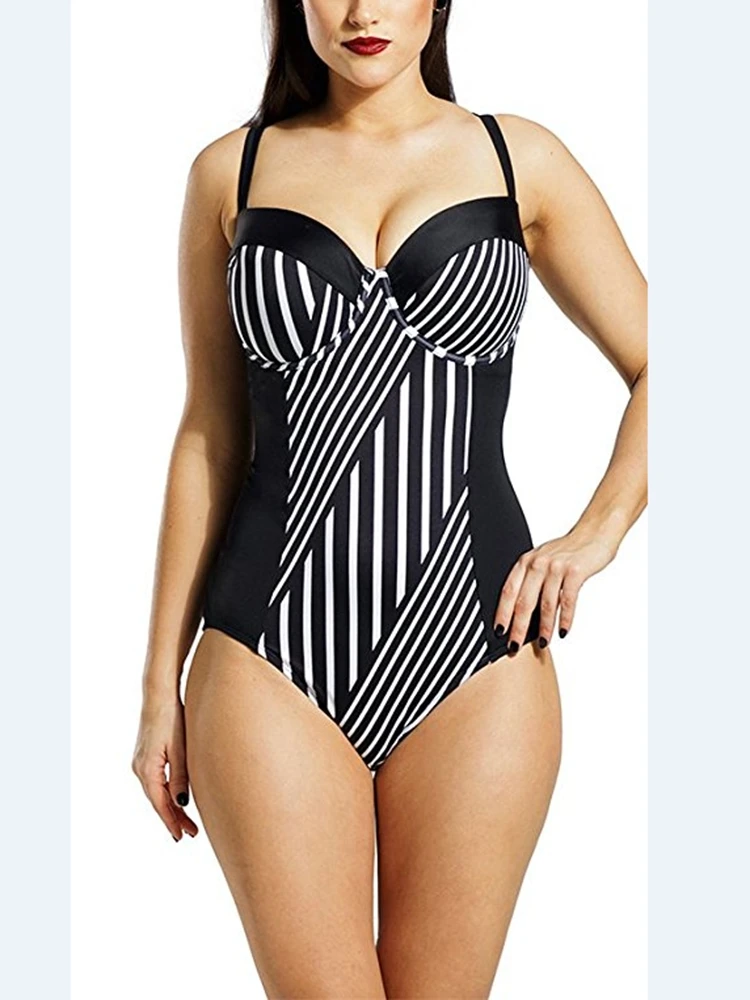 

Plus Size Stripe Underwire Vintage Monokini One Piece Swimsuit Swimwear 3XL