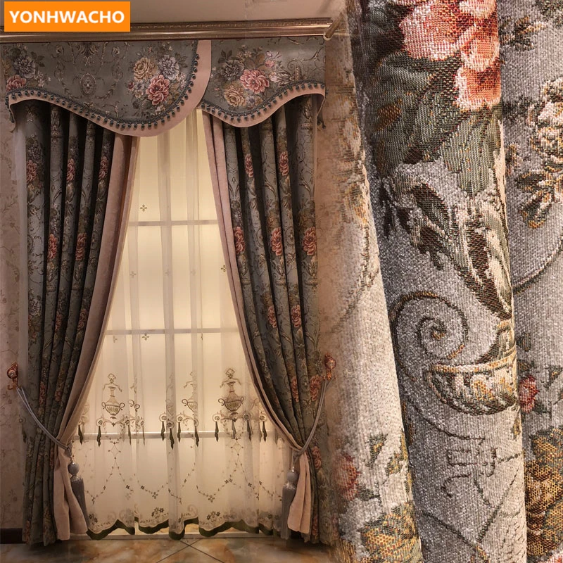 

Custom curtains American living room retro luxury villa embossed embroidered cloth blackout curtain tulle valance drape B047