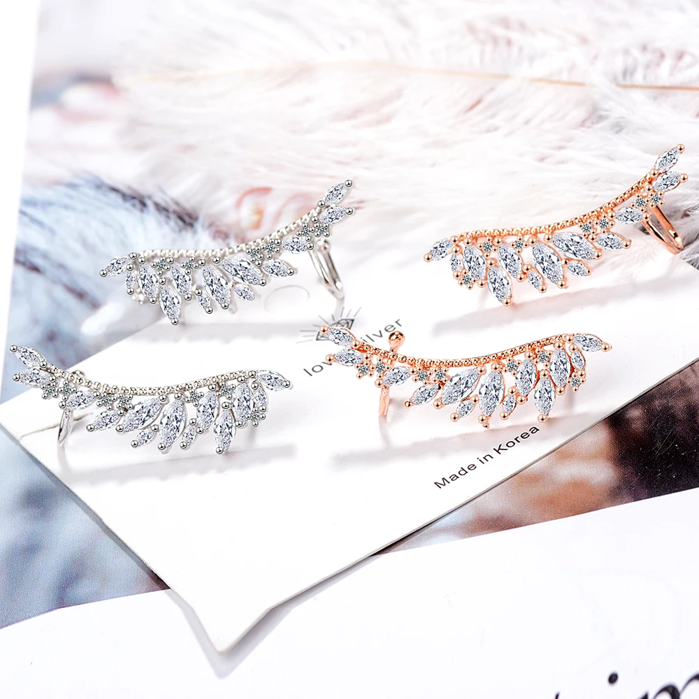 

925 Sterling Silver Luxury Lady's Silver Post Cubic Zircon Crystal Angel Wing Ear Sweep Wrap Cuff Earrings Climber Earrings